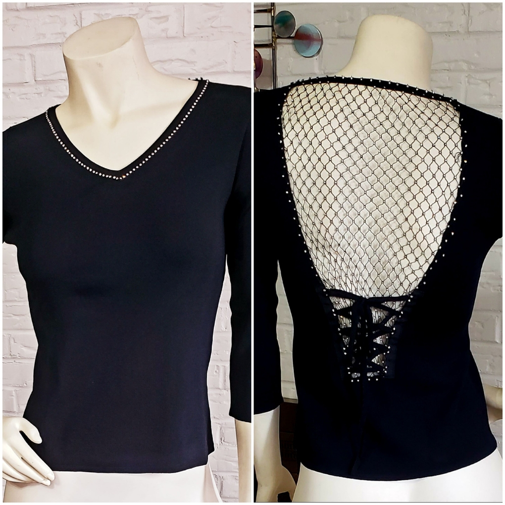ATTITUDE | Elegant Black Knit V-Neck Top with Mesh & Rhinestone Back
